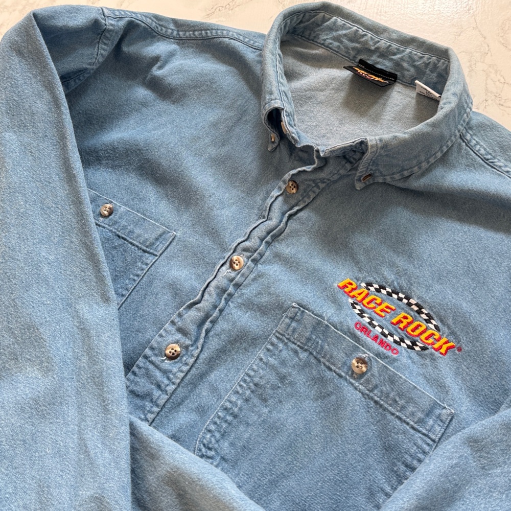 Race Rock Men’s Denim Button Down Shirt Y2K Vintage Long Sleeve Size XXL